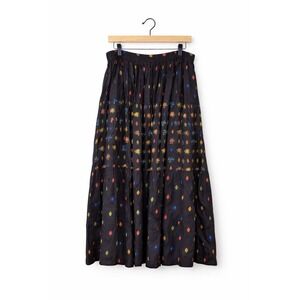 Boho Tiered Midi Skirt Black Floral Geometric Rayon Elastic Waist Cottagecore...